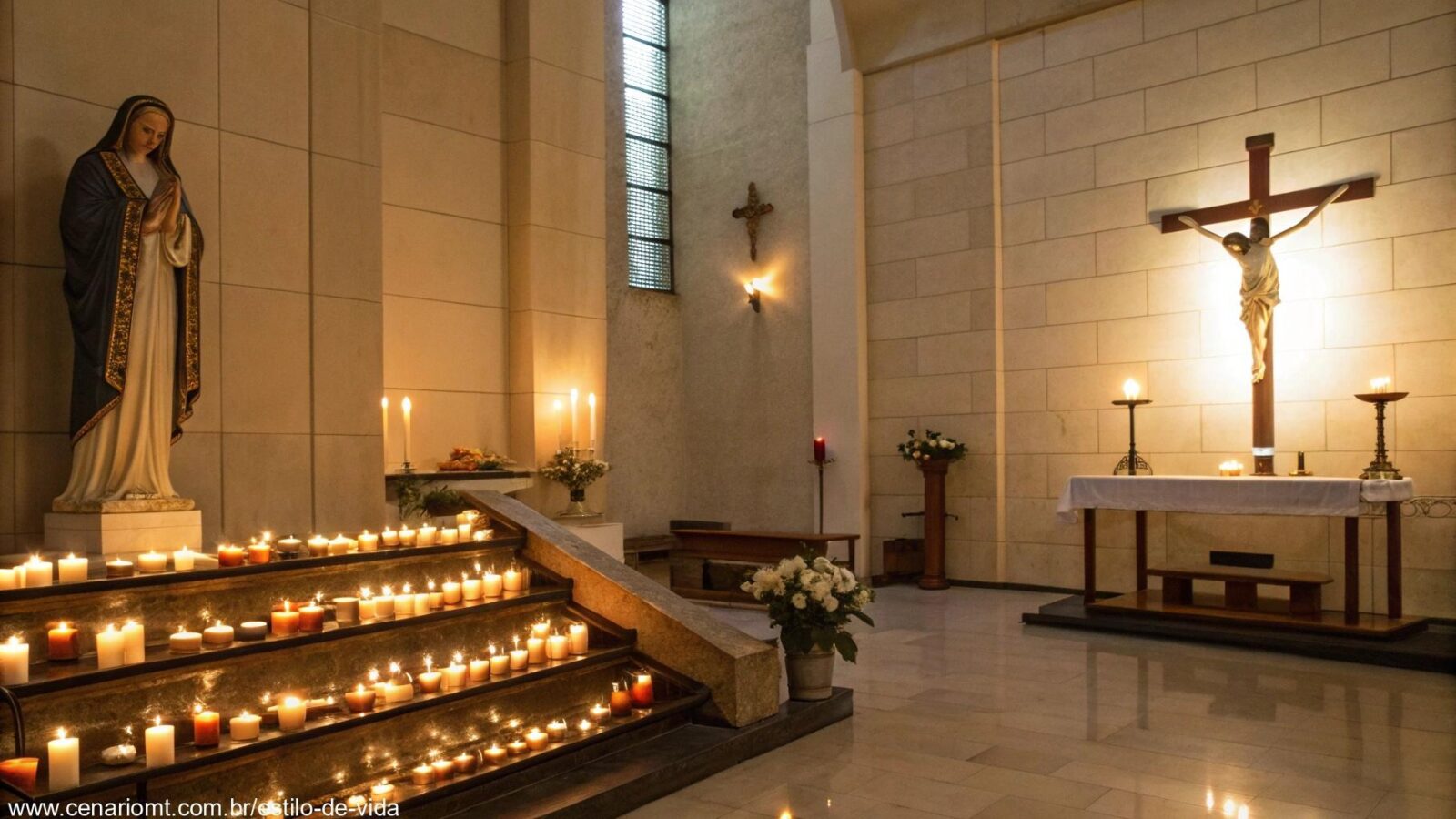 Espaço de oração católica tranquilo e sereno com velas e luz suave, transmitindo espiritualidade e calma para quinta-feira, 27 de fevereiro de 2025.