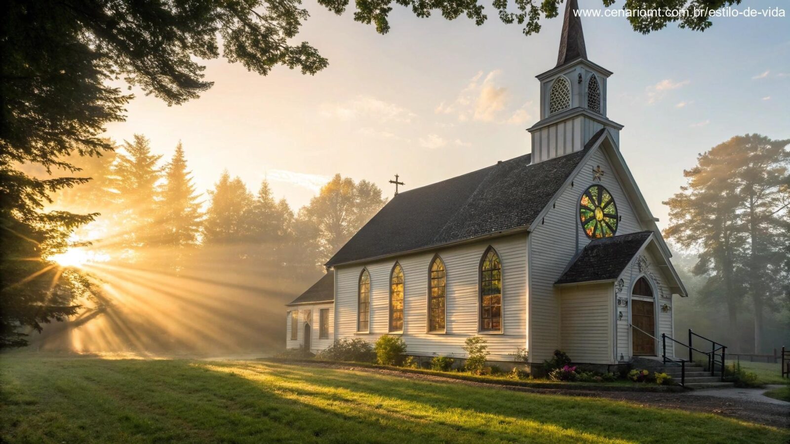 Imagem de uma igreja tranquila com luz suave entrando pelas janelas de vidro colorido.