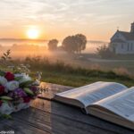 Cena tranquila de uma manhã de segunda-feira com um nascer do sol brilhante sobre uma igreja, um livro de orações aberto em uma mesa de madeira cercado por flores frescas.