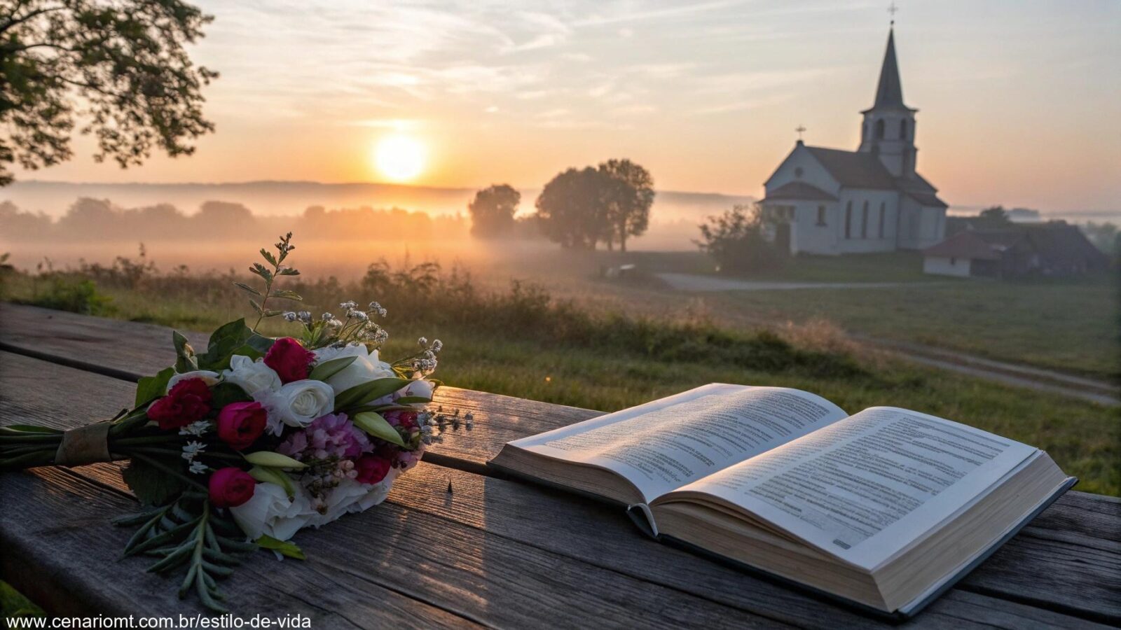 Cena tranquila de uma manhã de segunda-feira com um nascer do sol brilhante sobre uma igreja, um livro de orações aberto em uma mesa de madeira cercado por flores frescas.
