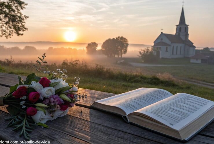 Cena tranquila de uma manhã de segunda-feira com um nascer do sol brilhante sobre uma igreja, um livro de orações aberto em uma mesa de madeira cercado por flores frescas.
