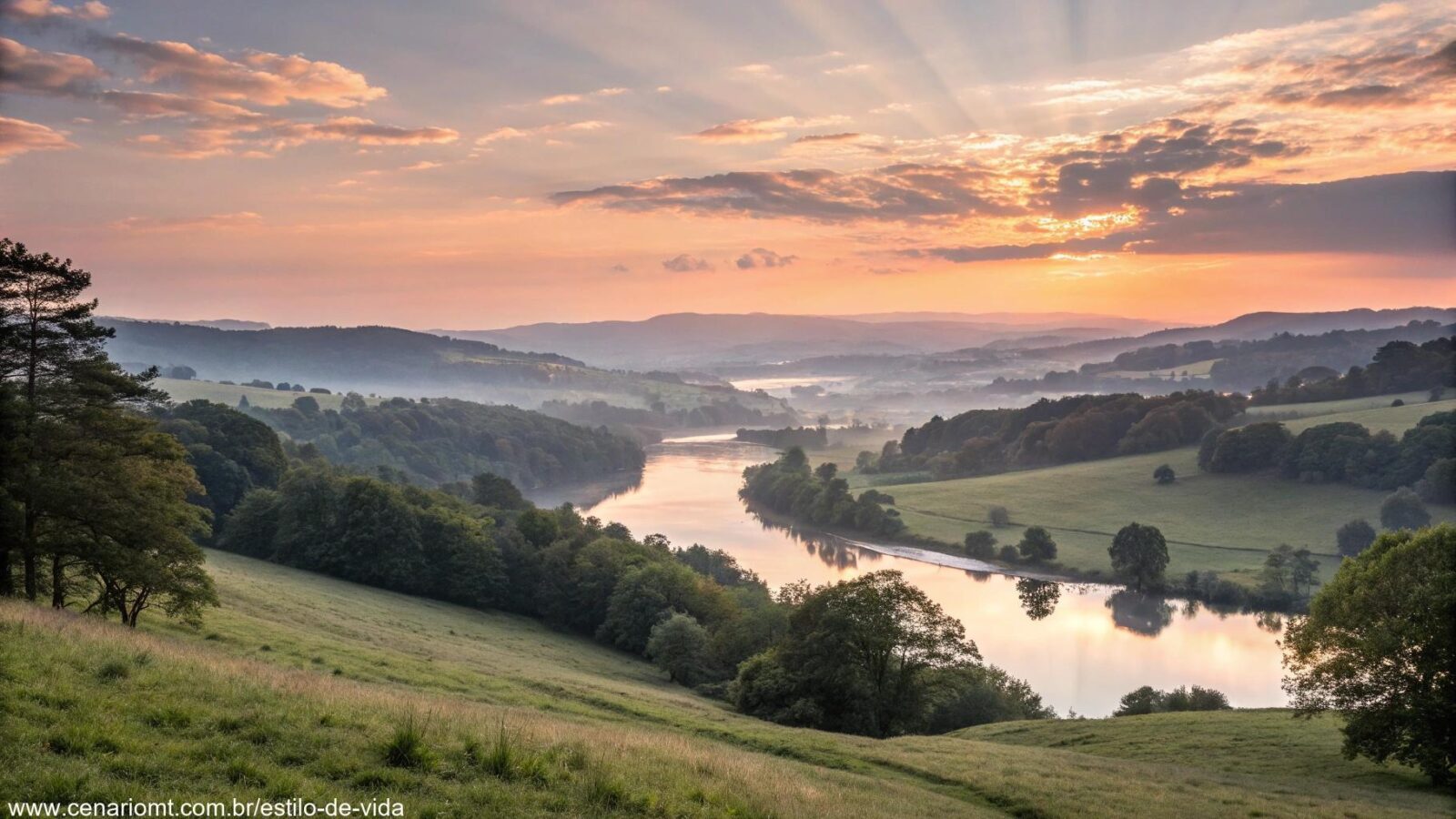 Imagem de um amanhecer sereno sobre uma paisagem tranquila.