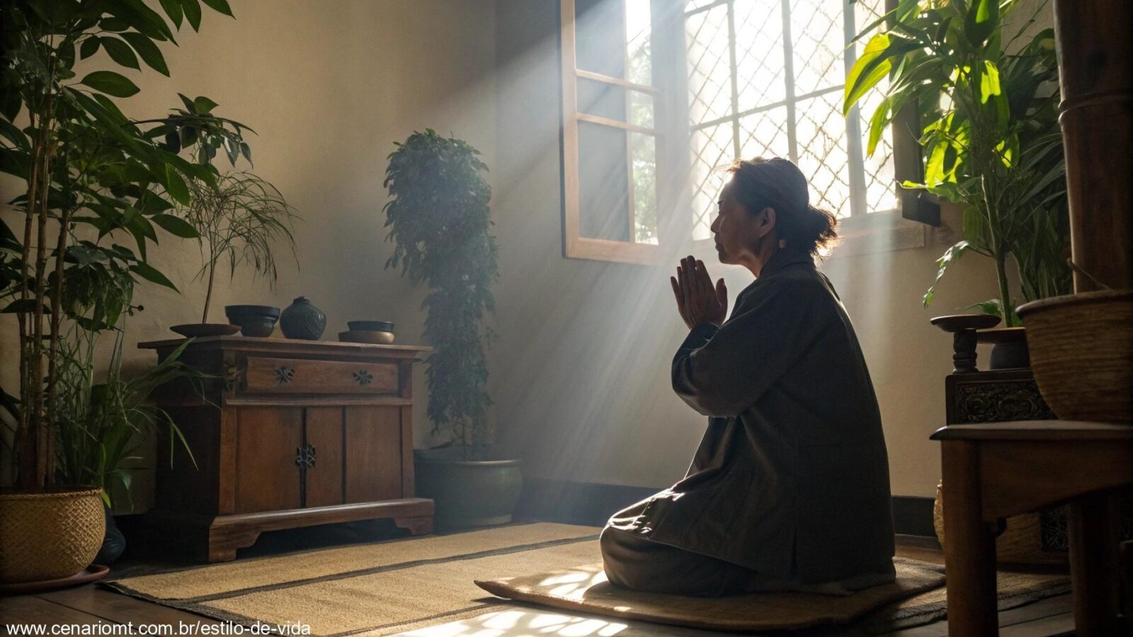 Imagem serena de uma pessoa orando em um ambiente tranquilo