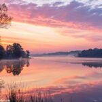 Cena tranquila e serena de um amanhecer sobre um lago calmo, com cores suaves refletindo na superfície da água, simbolizando reflexão espiritual e força para o dia.