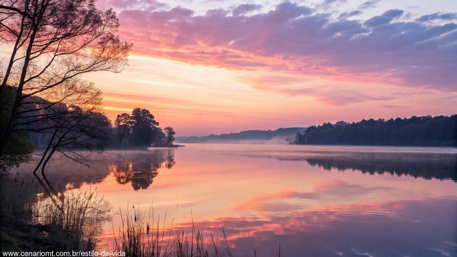Cena tranquila e serena de um amanhecer sobre um lago calmo, com cores suaves refletindo na superfície da água, simbolizando reflexão espiritual e força para o dia.