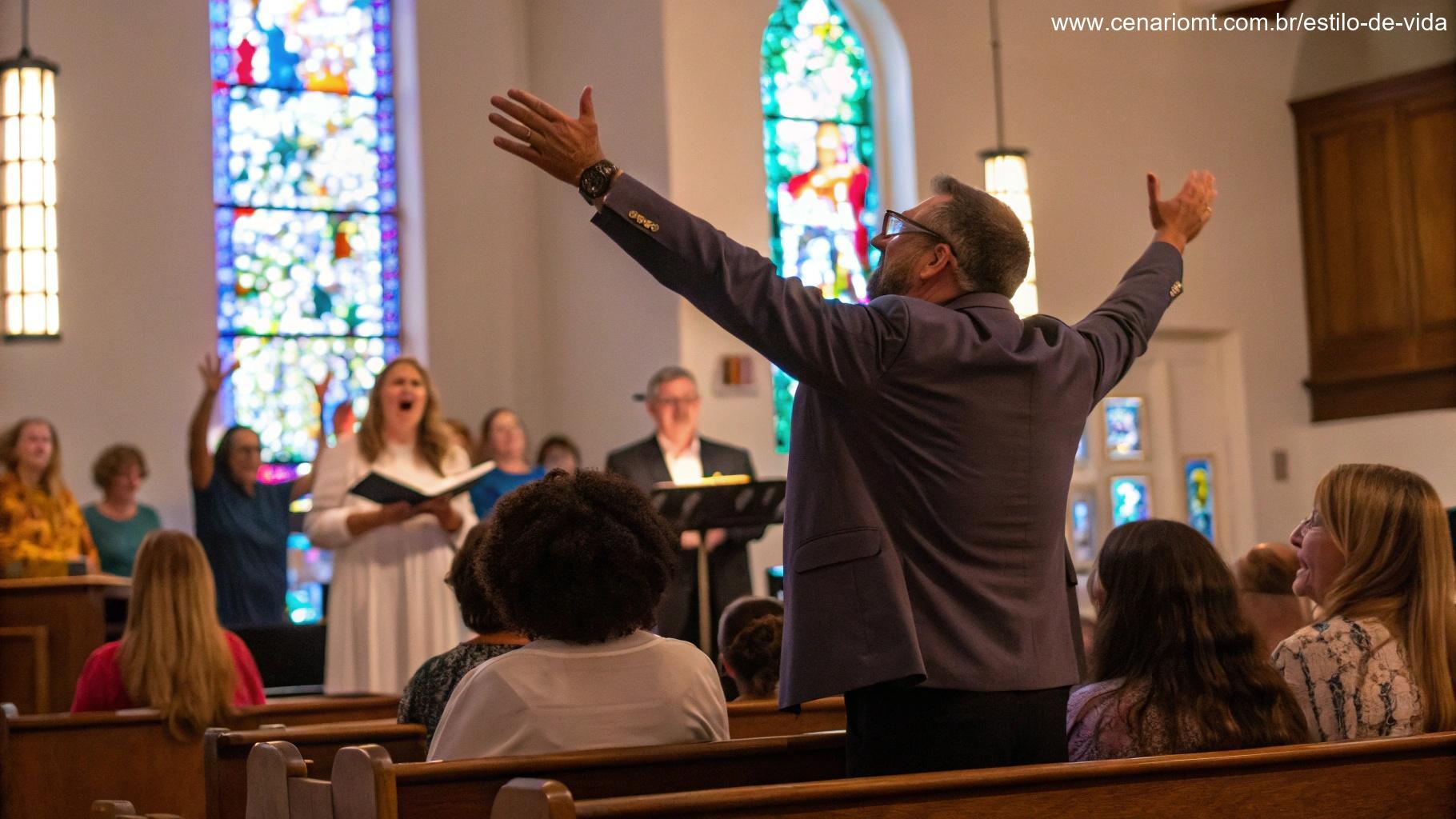 Culto evangélico com um pastor pregando com emoção, um coral cantando ao fundo e pessoas com mãos erguidas em adoração.