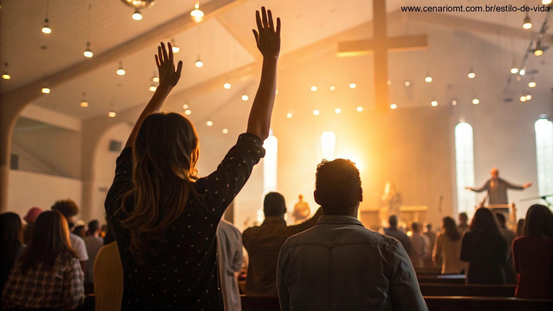 Igreja evangélica com fiéis orando e mãos erguidas em louvor.