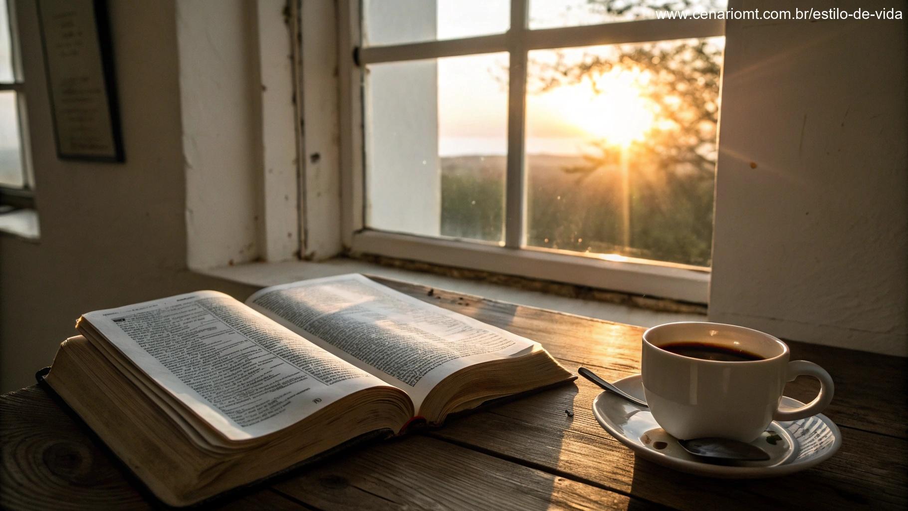 Representação tranquila de um cenário de oração evangélica com uma Bíblia aberta, uma xícara de café e um nascer do sol brilhante entrando pela janela.