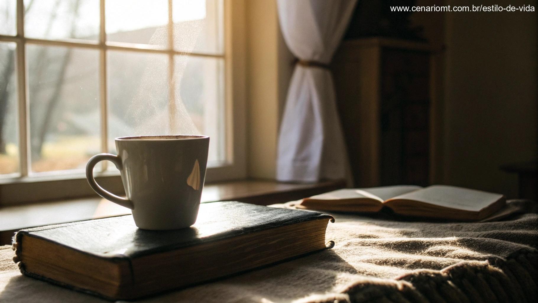 Cena tranquila de manhã com uma xícara de chá ou café, uma Bíblia e luz suave entrando pela janela, simbolizando oração e serenidade.