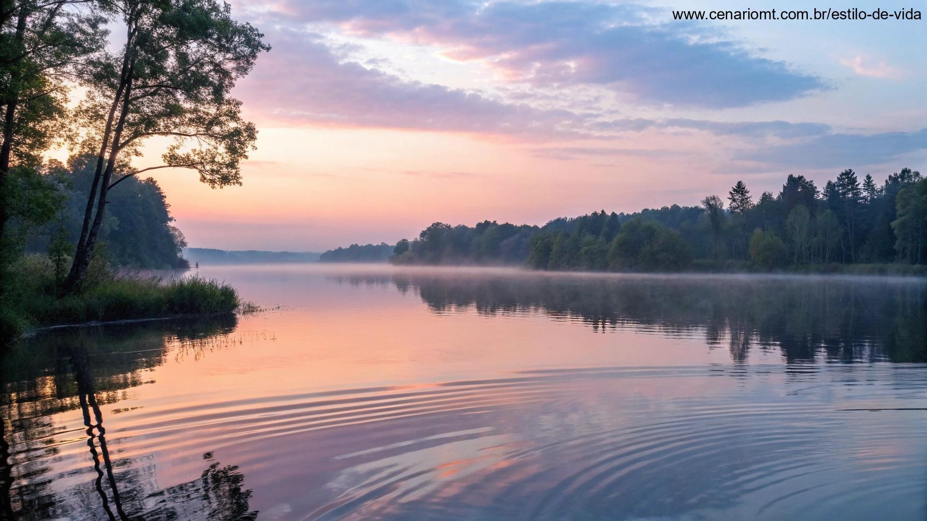 Cena tranquila à beira do lago ao amanhecer com cores suaves no céu.