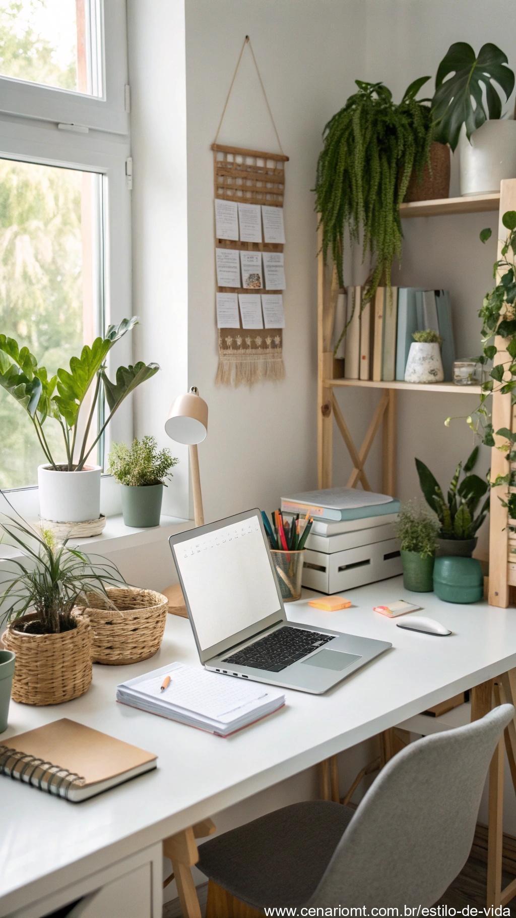 Escritório organizado com itens bem dispostos, plantas e iluminação adequada, destacando a importância de um espaço arrumado.