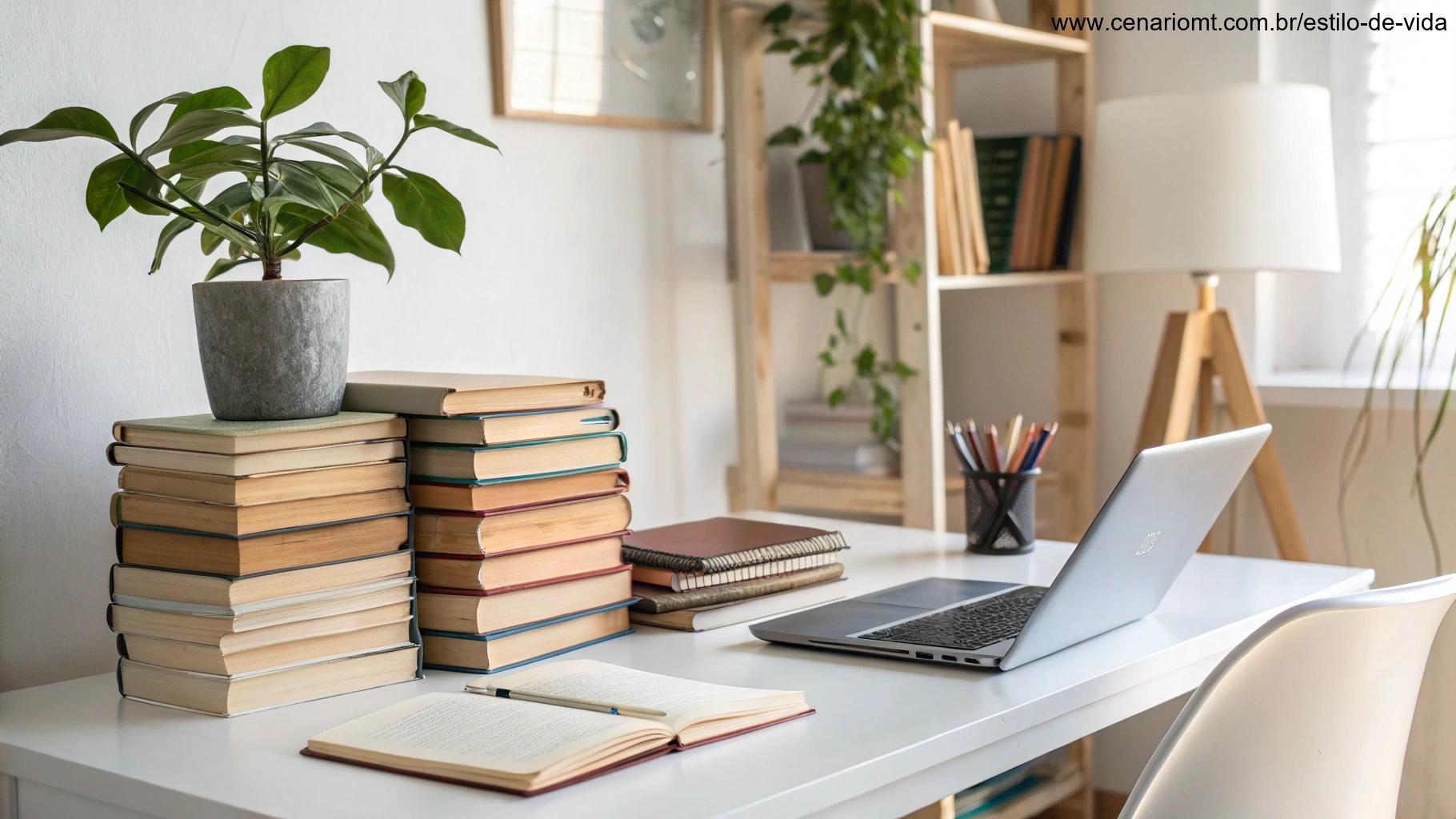 Espaço de trabalho organizado com livros arrumados, mesa limpa, laptop e planta.