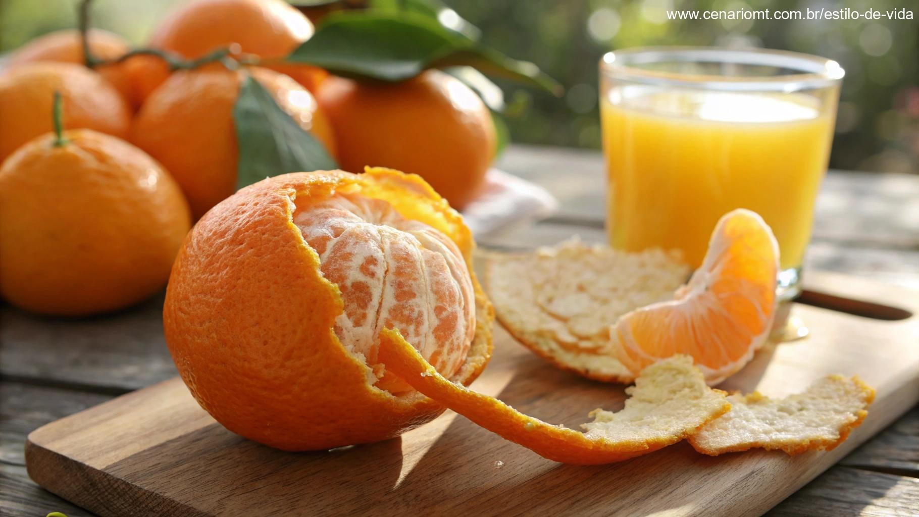 Laranja sendo descascada com um copo de suco de laranja ao fundo.