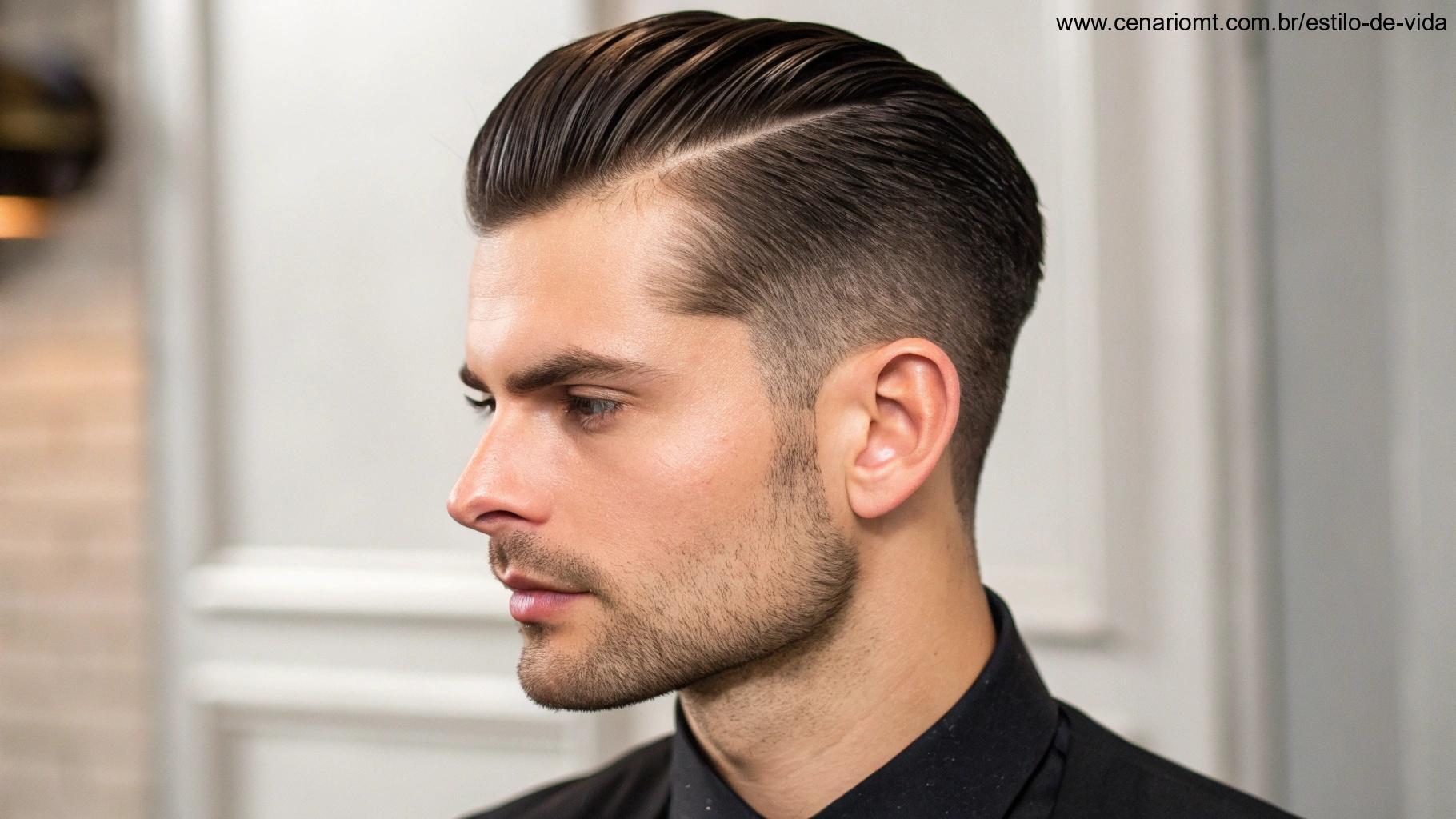 Homem com corte de cabelo curto e bem cuidado, com um visual polido e elegante