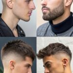 Uma coleção de cortes de cabelo masculinos estilosos e modernos para 2025, com cortes como o fade, undercut e buzz cut em diferentes pessoas.
