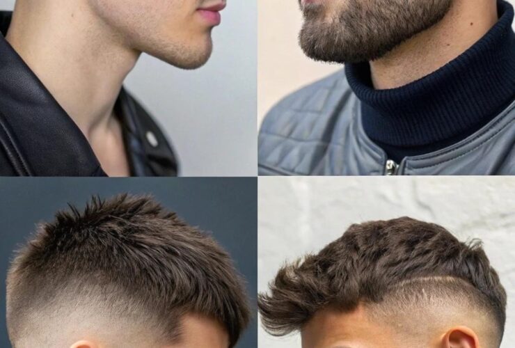 Uma coleção de cortes de cabelo masculinos estilosos e modernos para 2025, com cortes como o fade, undercut e buzz cut em diferentes pessoas.