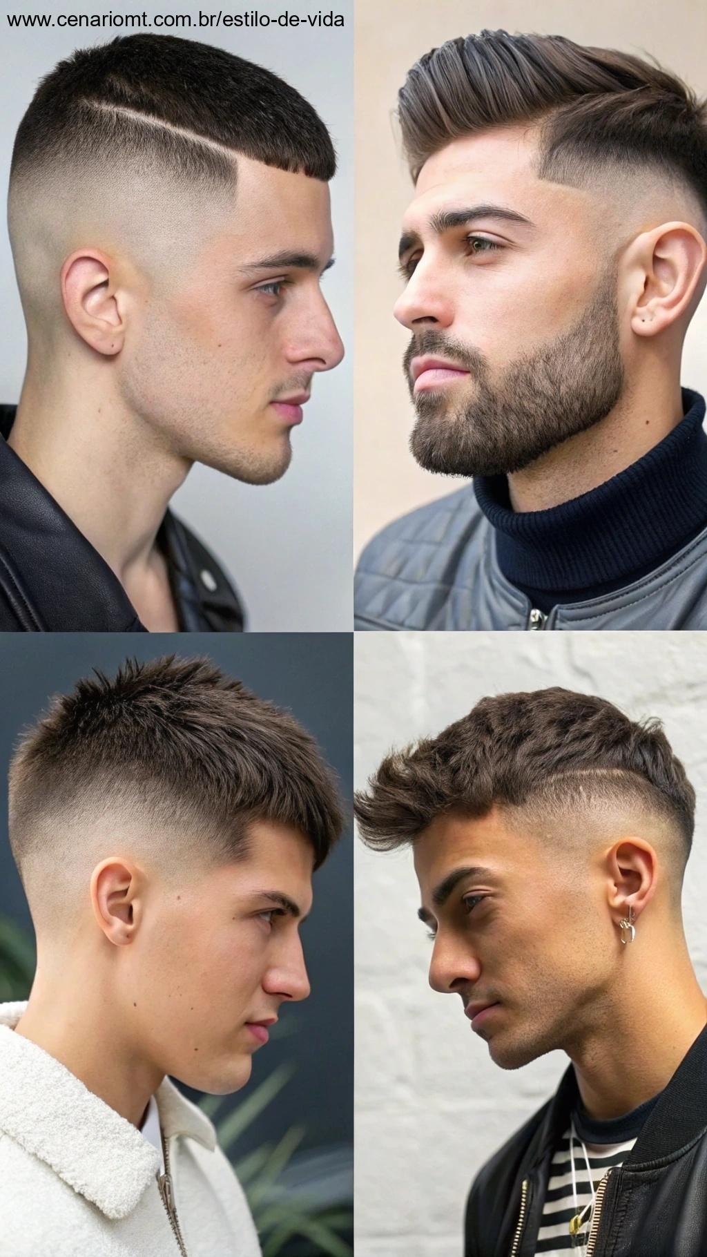 Uma coleção de cortes de cabelo masculinos estilosos e modernos para 2025, com cortes como o fade, undercut e buzz cut em diferentes pessoas.