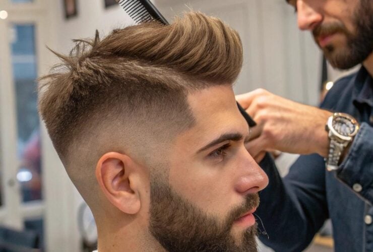 Homem com corte masculino moderno em barbearia estilosa.