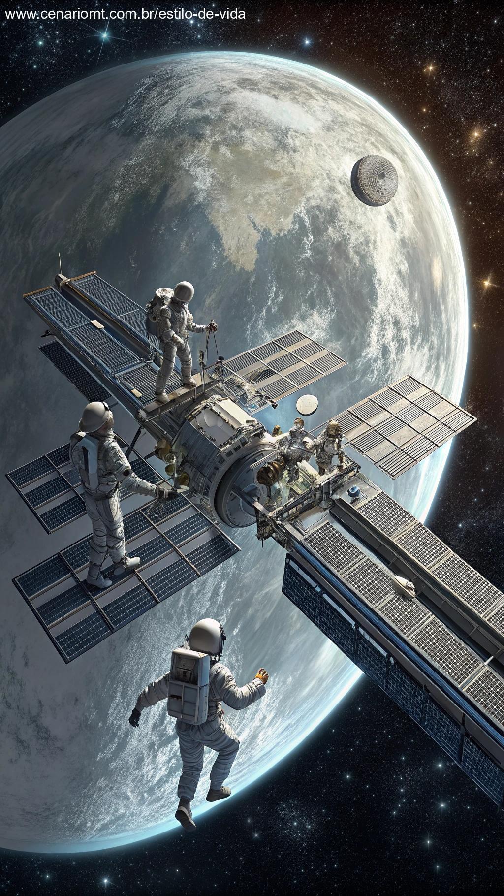 Estação espacial futurista ajustando seu curso devido à ausência da Lua.