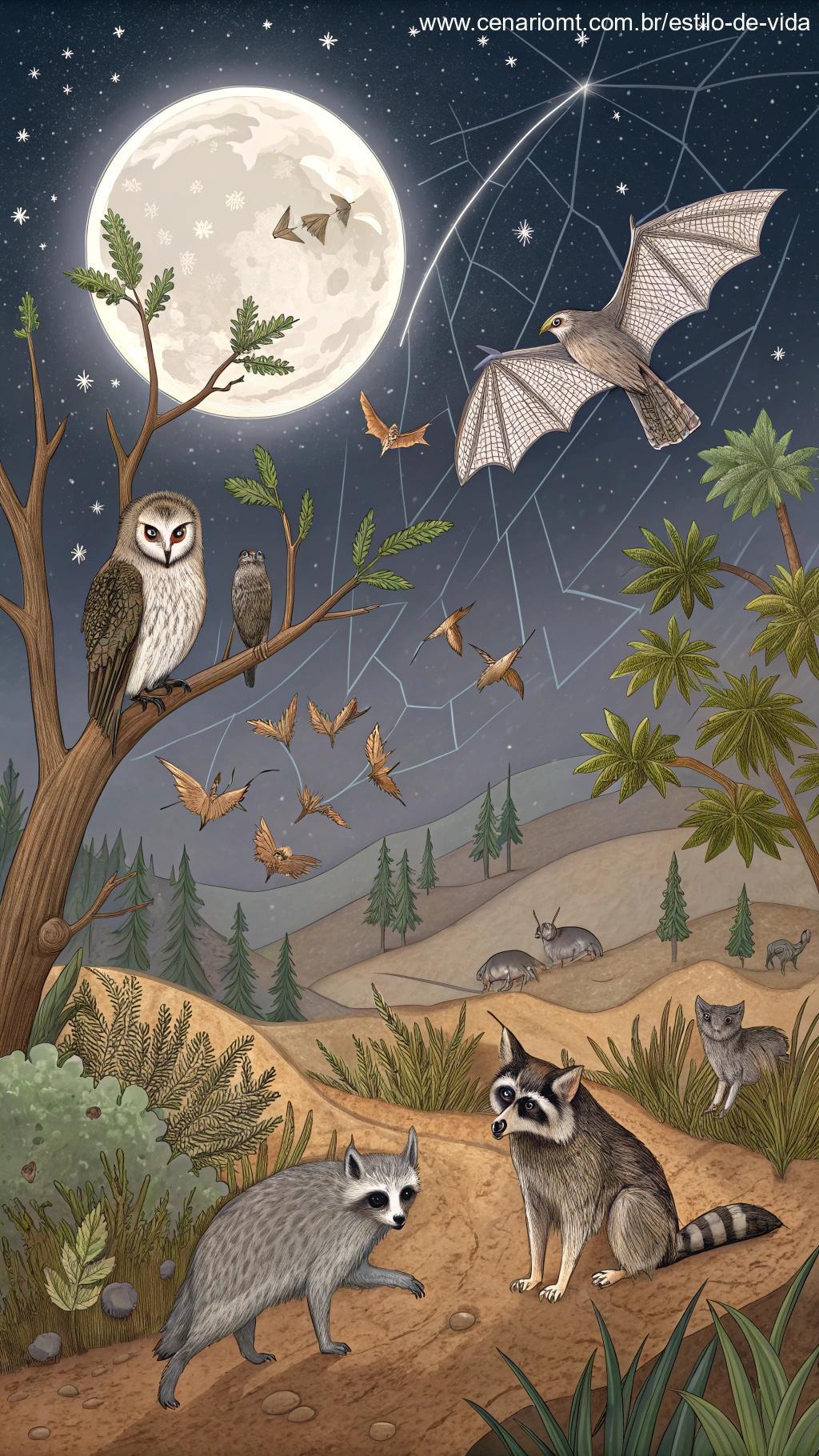 Cena detalhada da vida selvagem com animais noturnos desorientados sem a Lua.