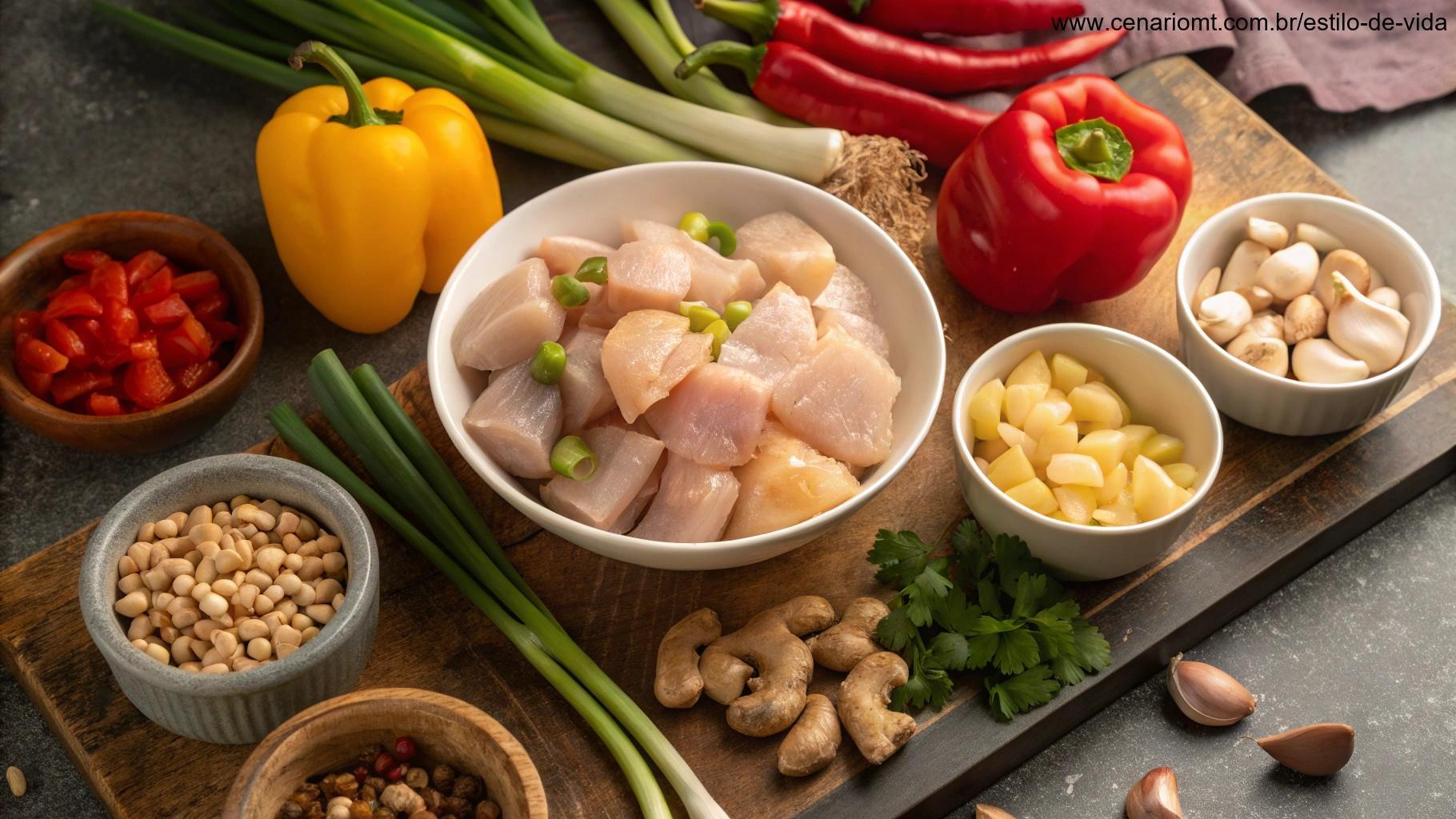 Ingredientes essenciais do Frango Xadrez dispostos em uma bancada de cozinha rústica.