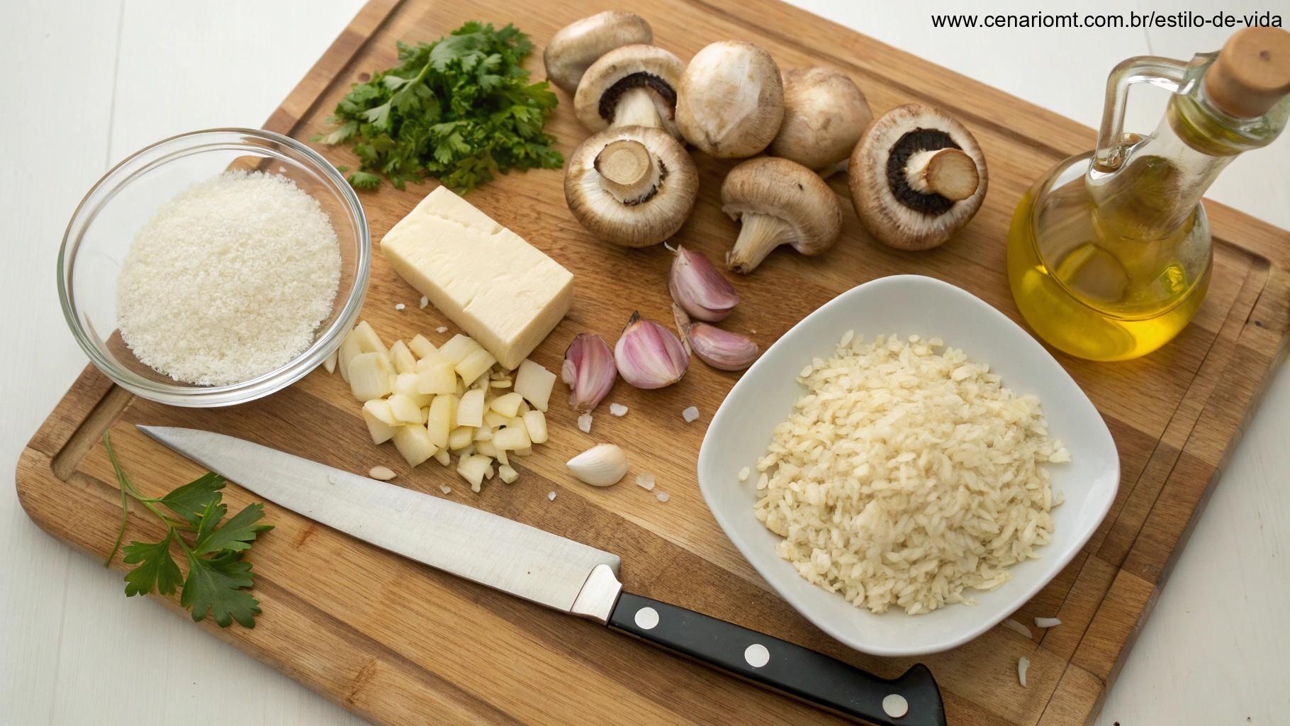 Uma coleção de ingredientes frescos para risoto de cogumelos dispostos em uma tábua de corte: arroz Arborio, cogumelos, queijo parmesão, alho, cebolas, manteiga, azeite, vinho branco e salsa.