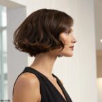 Mulher com corte de cabelo bob estiloso, destacando volume e textura.