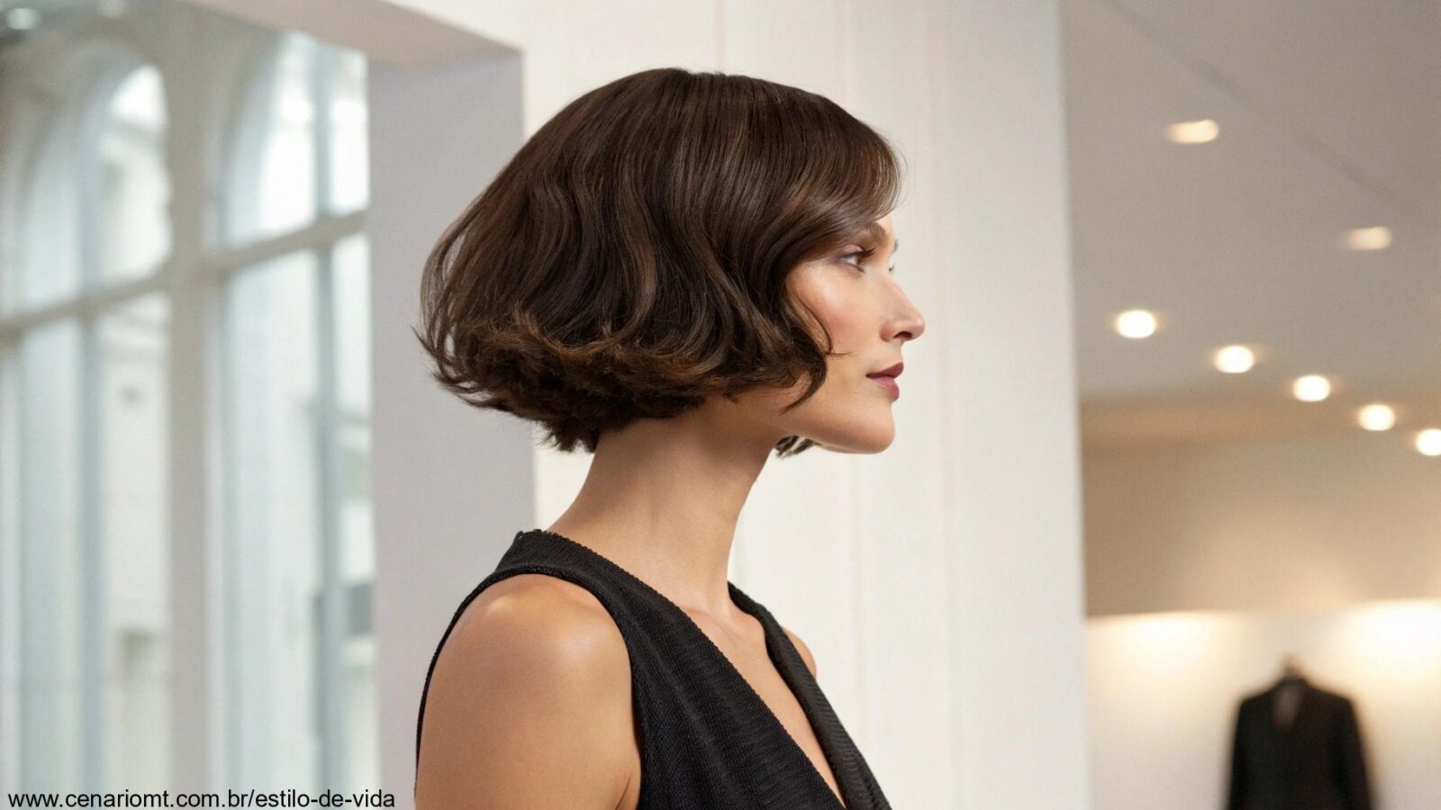 Mulher com corte de cabelo bob estiloso, destacando volume e textura.