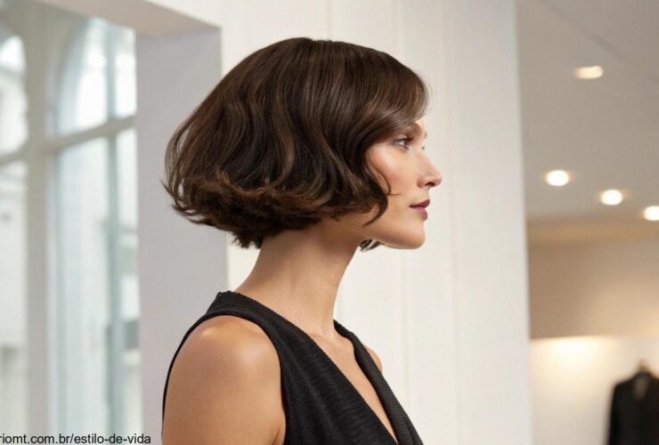 Mulher com corte de cabelo bob estiloso, destacando volume e textura.
