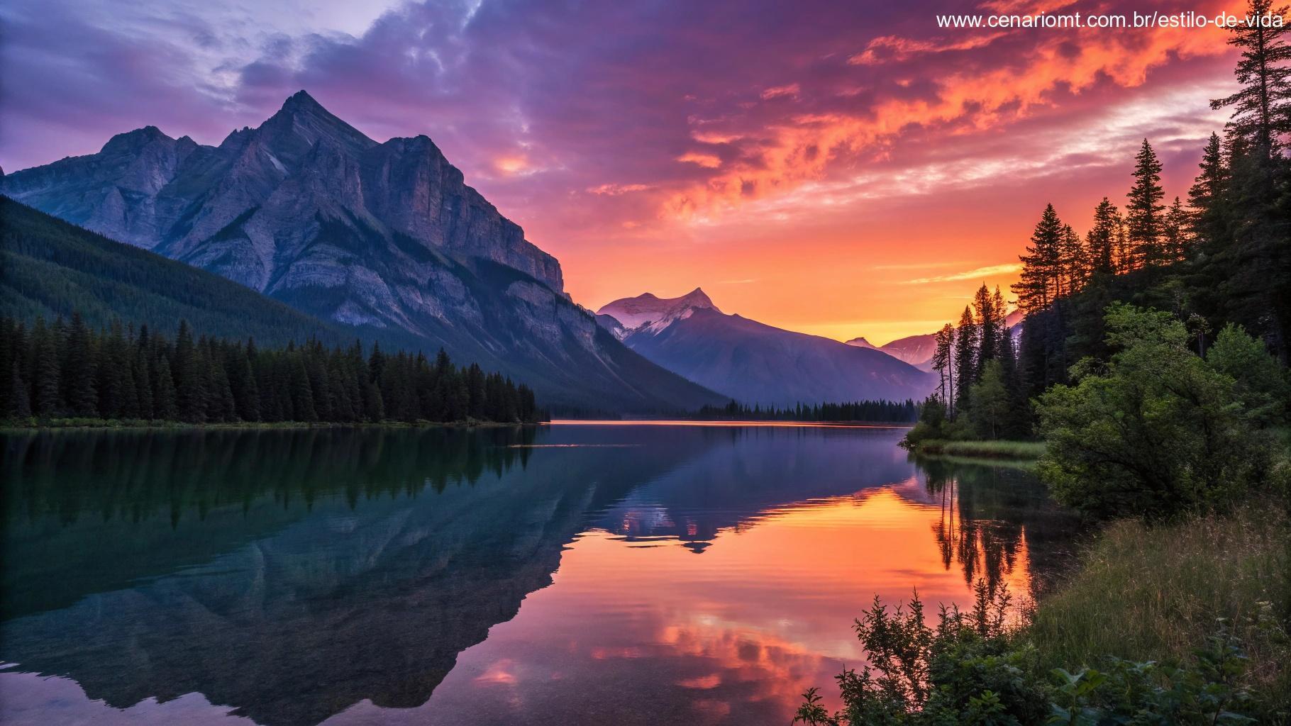 Paisagem montanhosa ao entardecer com cores vibrantes no céu e um lago calmo refletindo a cena