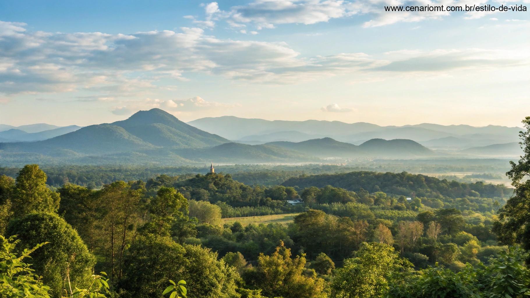 Imagem de uma paisagem serena com montanhas ao fundo, simbolizando sucesso e paz, perfeita para a energia da quarta-feira.