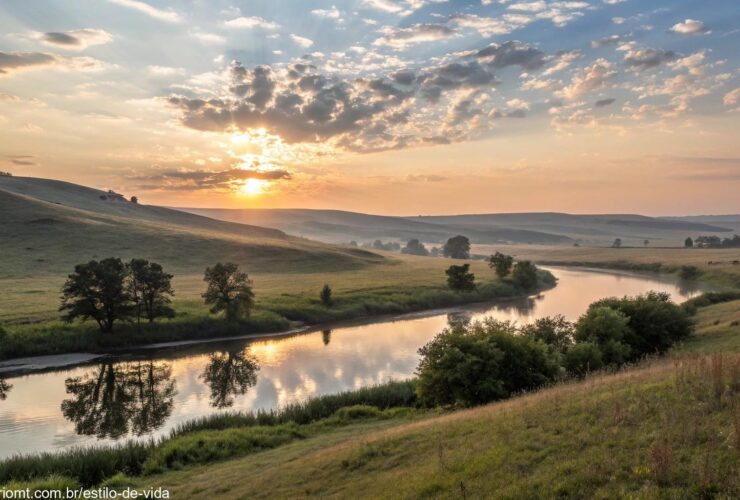 Paisagem tranquila ao amanhecer com luz suave iluminando colinas e um rio calmo