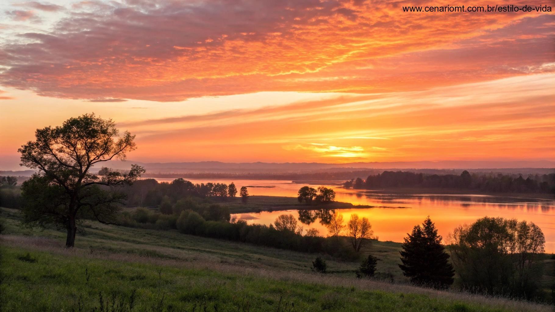 Pôr do sol brilhante sobre uma paisagem tranquila, simbolizando esperança e fé para o dia.