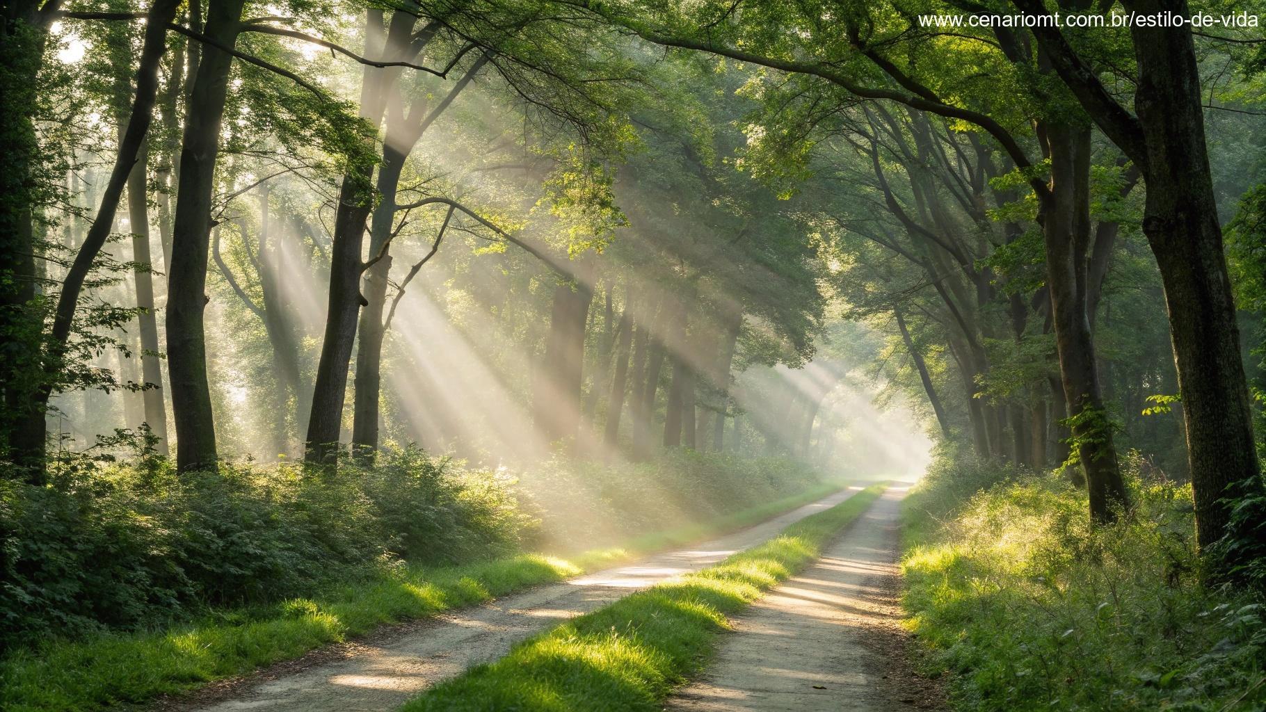 Caminho em uma floresta com raios de luz atravessando as árvores, simbolizando o crescimento espiritual.