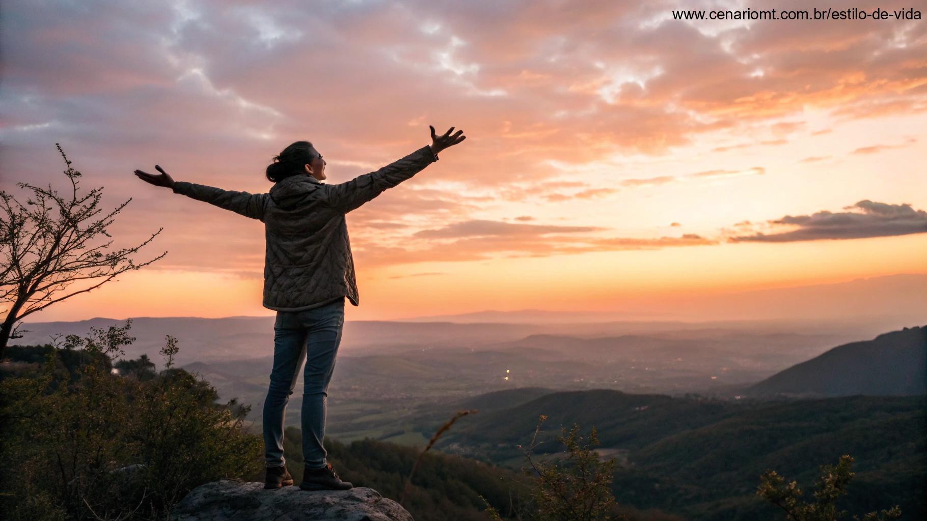Imagem de uma pessoa em pé no topo de uma montanha ao pôr do sol, com os braços abertos, abraçando a fé.