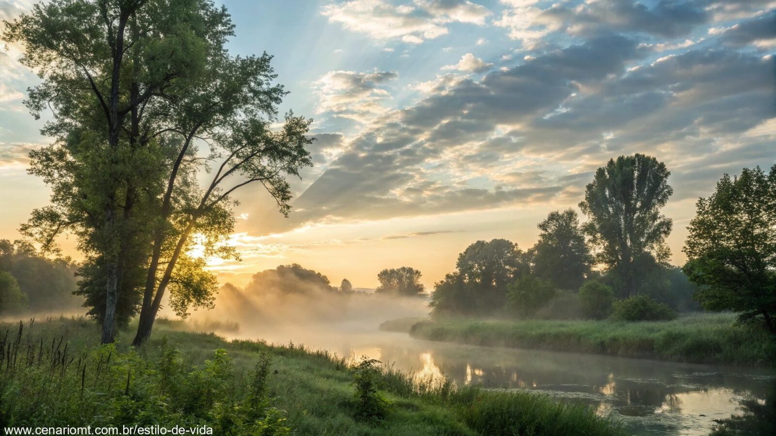 Imagem serena de uma manhã tranquila com luz suave filtrando pelas árvores, criando uma atmosfera de calma e reflexão.