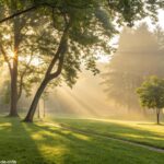 Cenário tranquilo e sereno, com luz dourada do sol filtrando pelas árvores em um parque.