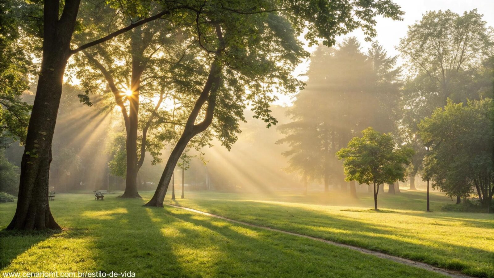 Cenário tranquilo e sereno, com luz dourada do sol filtrando pelas árvores em um parque.