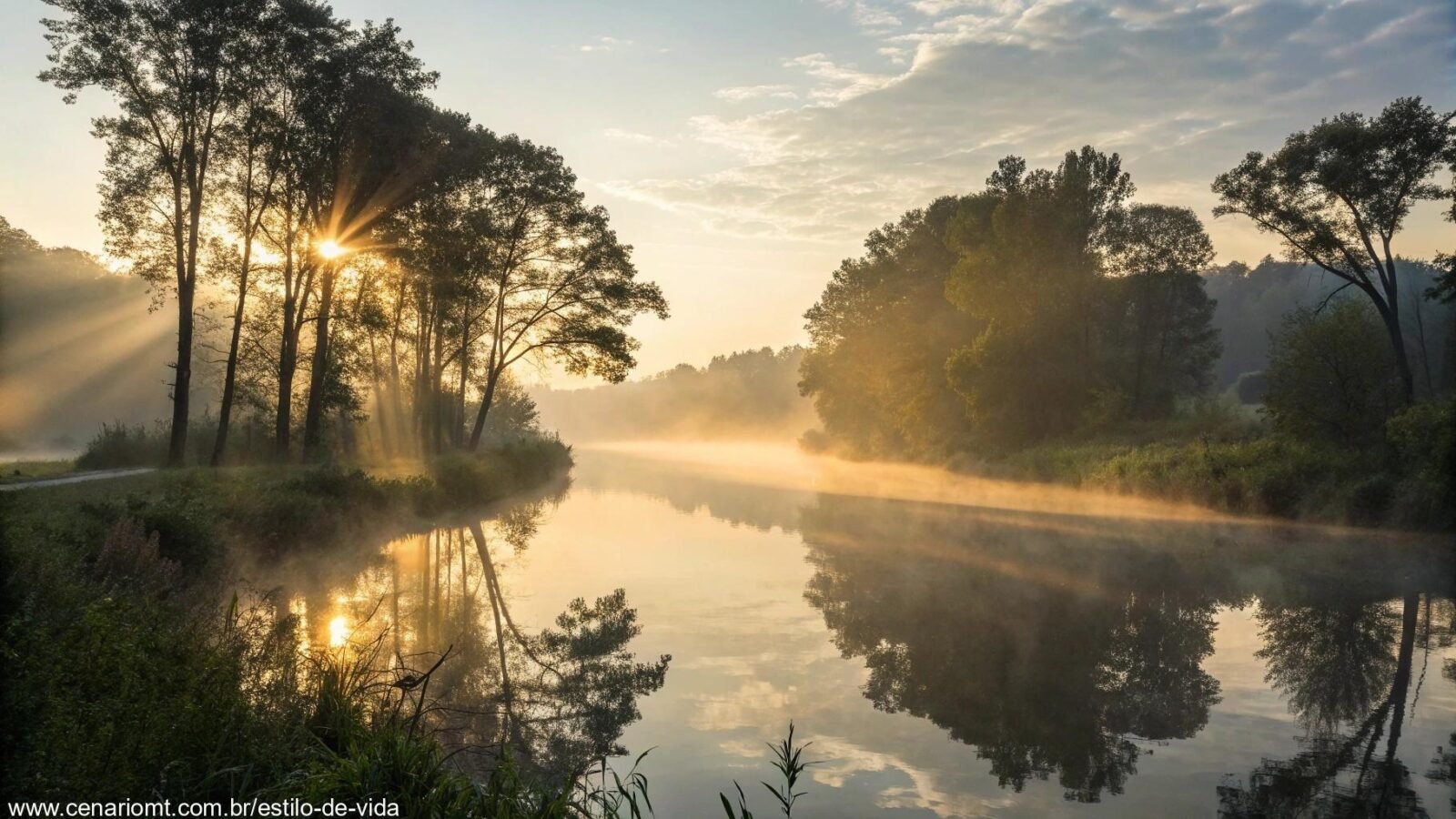 Paisagem tranquila ao amanhecer com raios suaves de luz iluminando um rio calmo rodeado por árvores, simbolizando reflexão e fé.