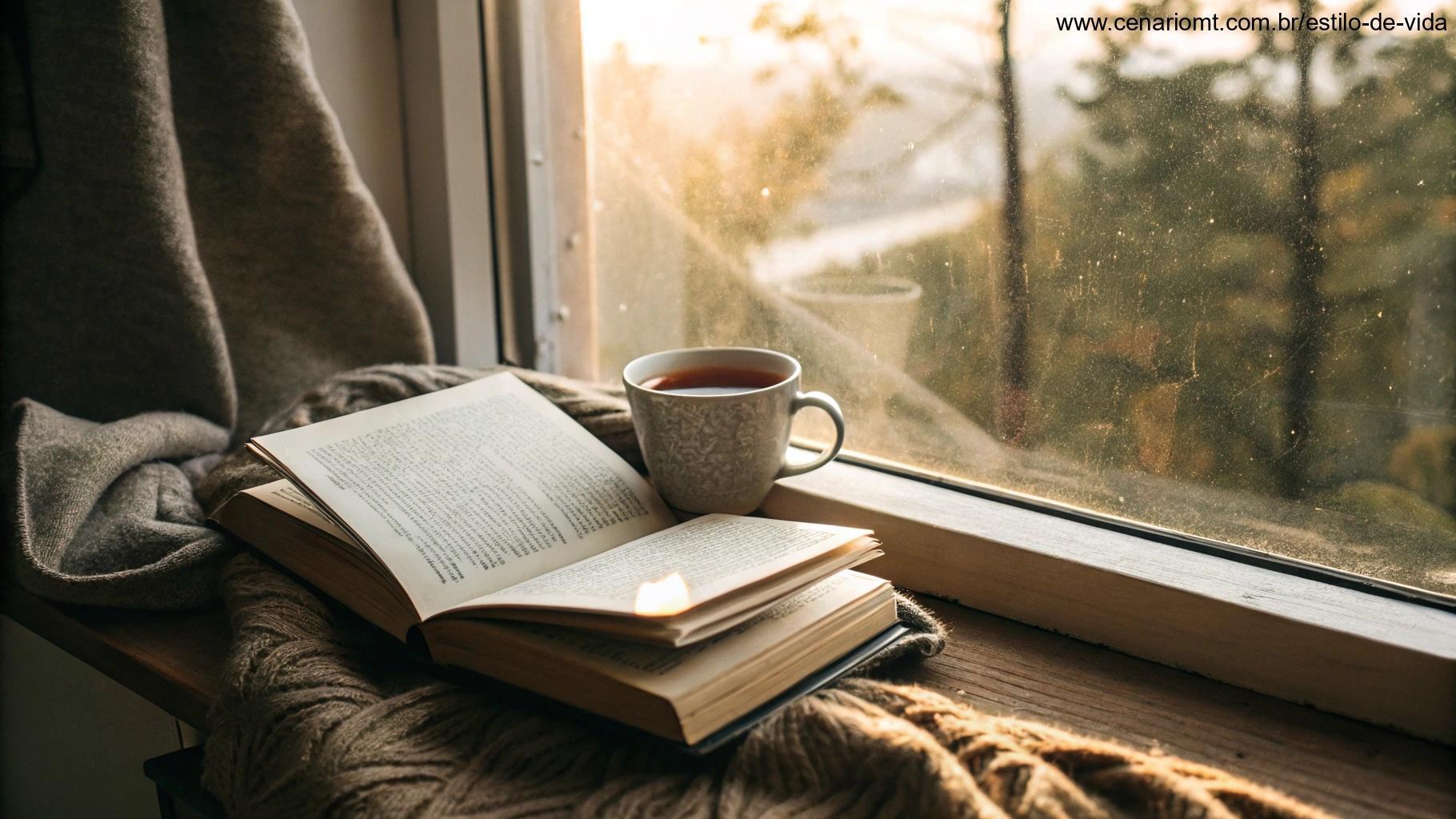 Um cantinho aconchegante de leitura com luz suave da manhã, um livro aberto e uma xícara de chá.