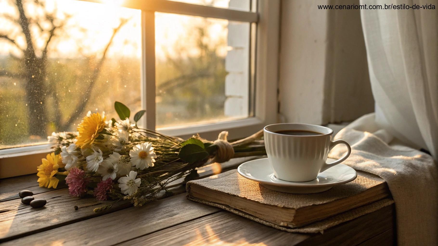 Cena aconchegante de café da manhã com luz suave entrando pela janela, transmitindo carinho e bênçãos.