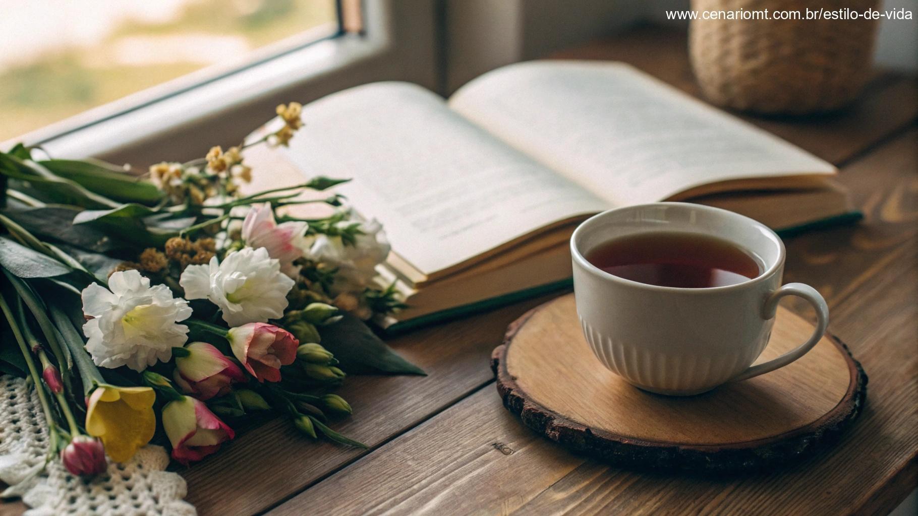 Xícara de chá sobre mesa de madeira com flores e livro aberto, transmitindo gratidão e esperança.