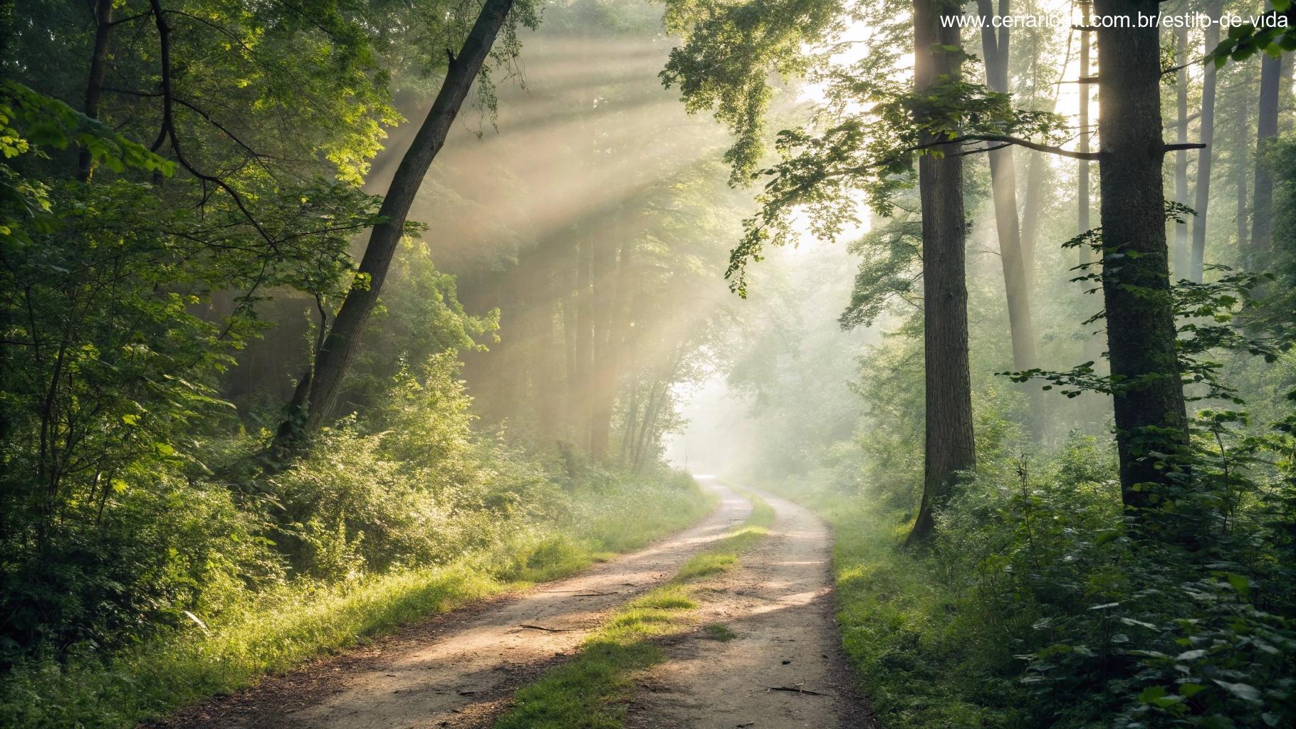 Caminho de floresta iluminado pelo sol, cercado por vegetação exuberante e uma névoa suave.