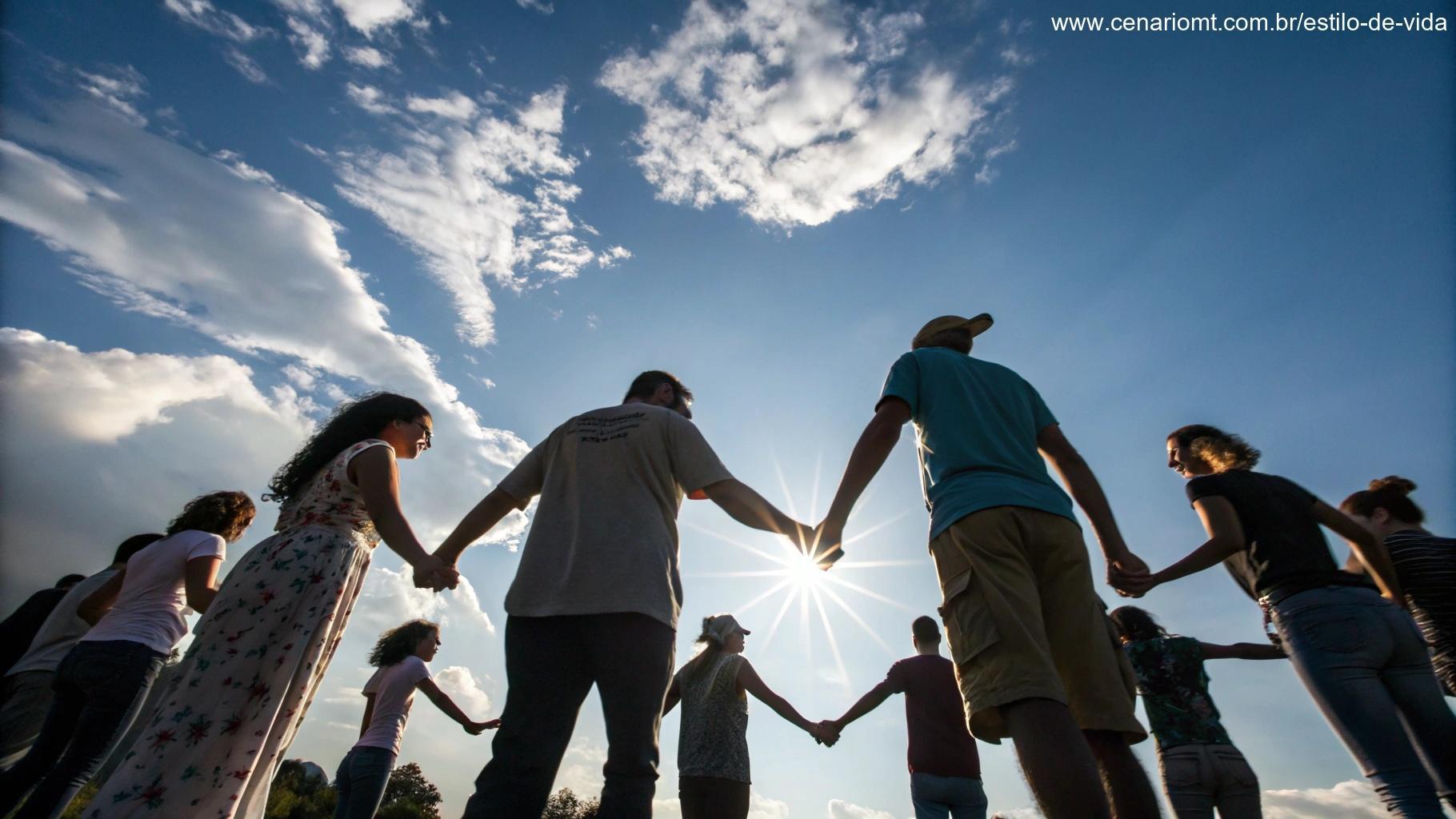 Grupo de pessoas de mãos dadas, com luz do sol brilhando acima.