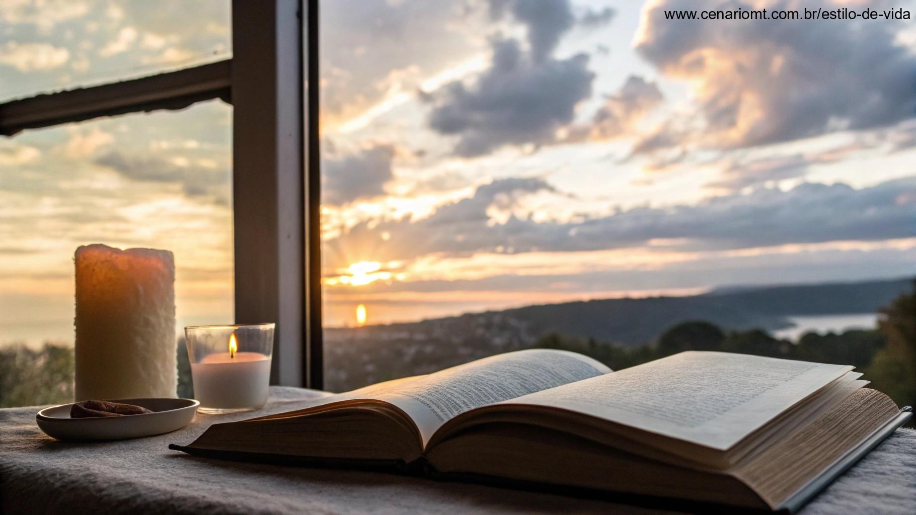 Manhã radiante com nuvens suaves em tons pastéis, um livro aberto sobre uma mesa aconchegante perto da janela e uma vela iluminando suavemente, simbolizando palavras para iluminar sua jornada.