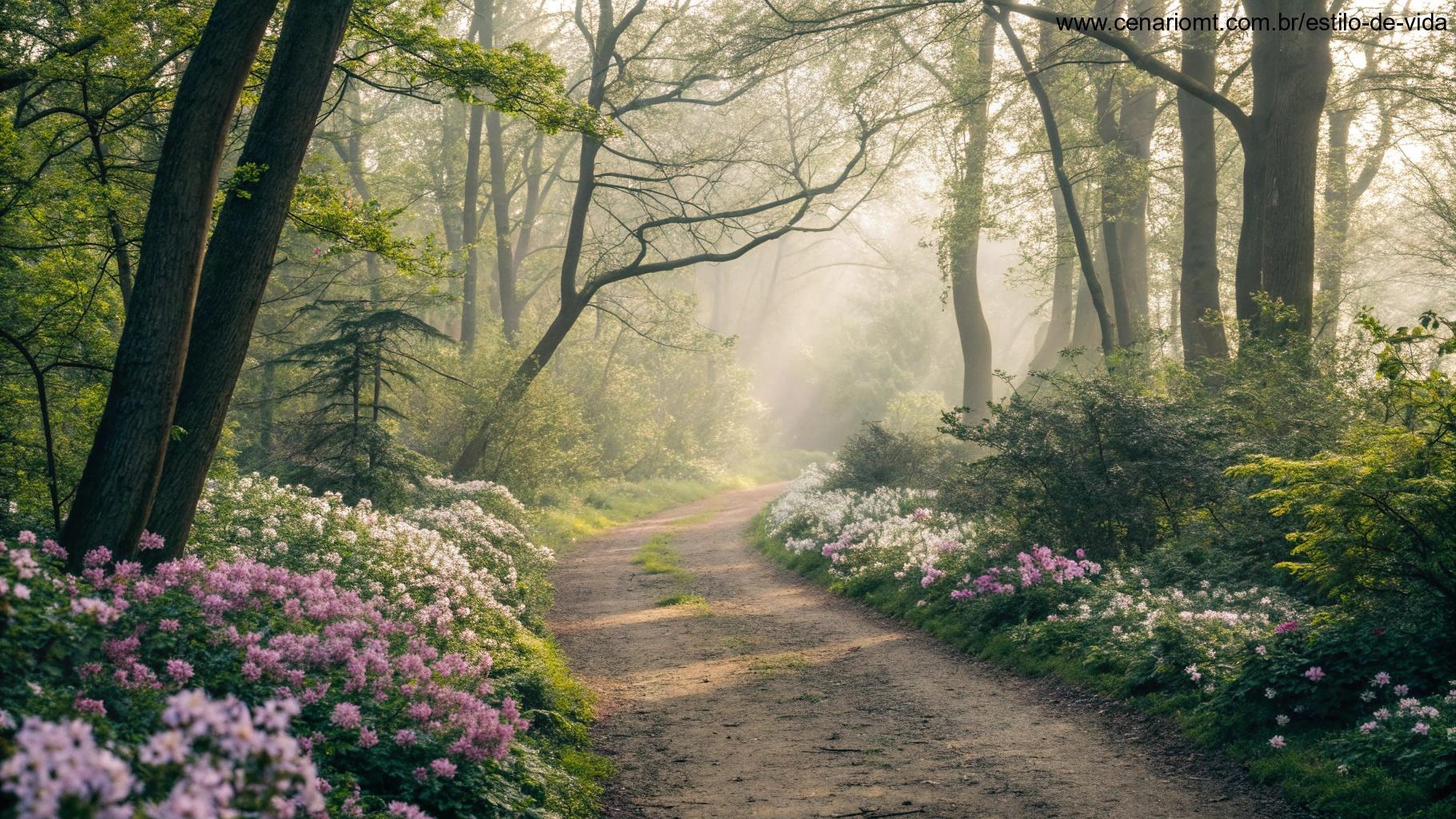 Caminho na floresta iluminado pela luz suave da manhã, cercado por flores desabrochando, simbolizando paz e esperança.