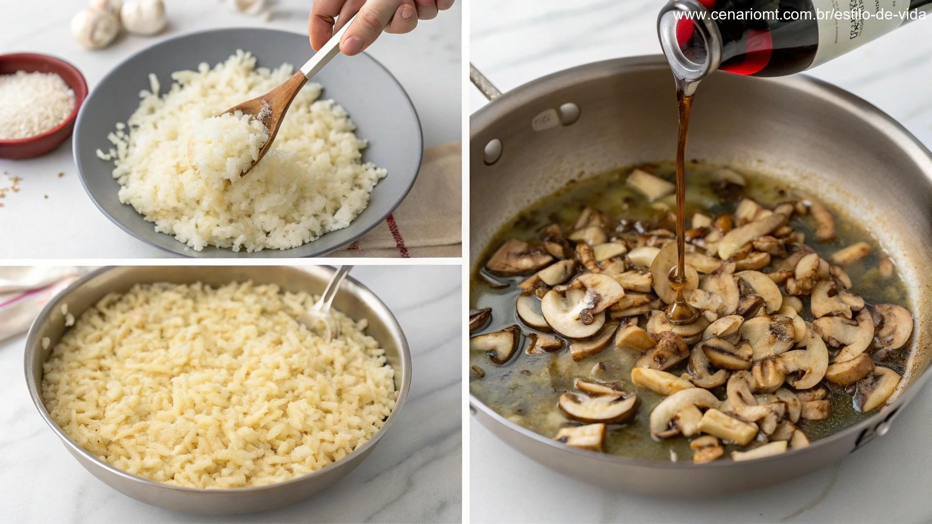 Um guia visual passo a passo para fazer risoto de cogumelos, incluindo etapas como refogar cebolas, adicionar arroz, despejar vinho, mexer o caldo e misturar cogumelos e queijo.