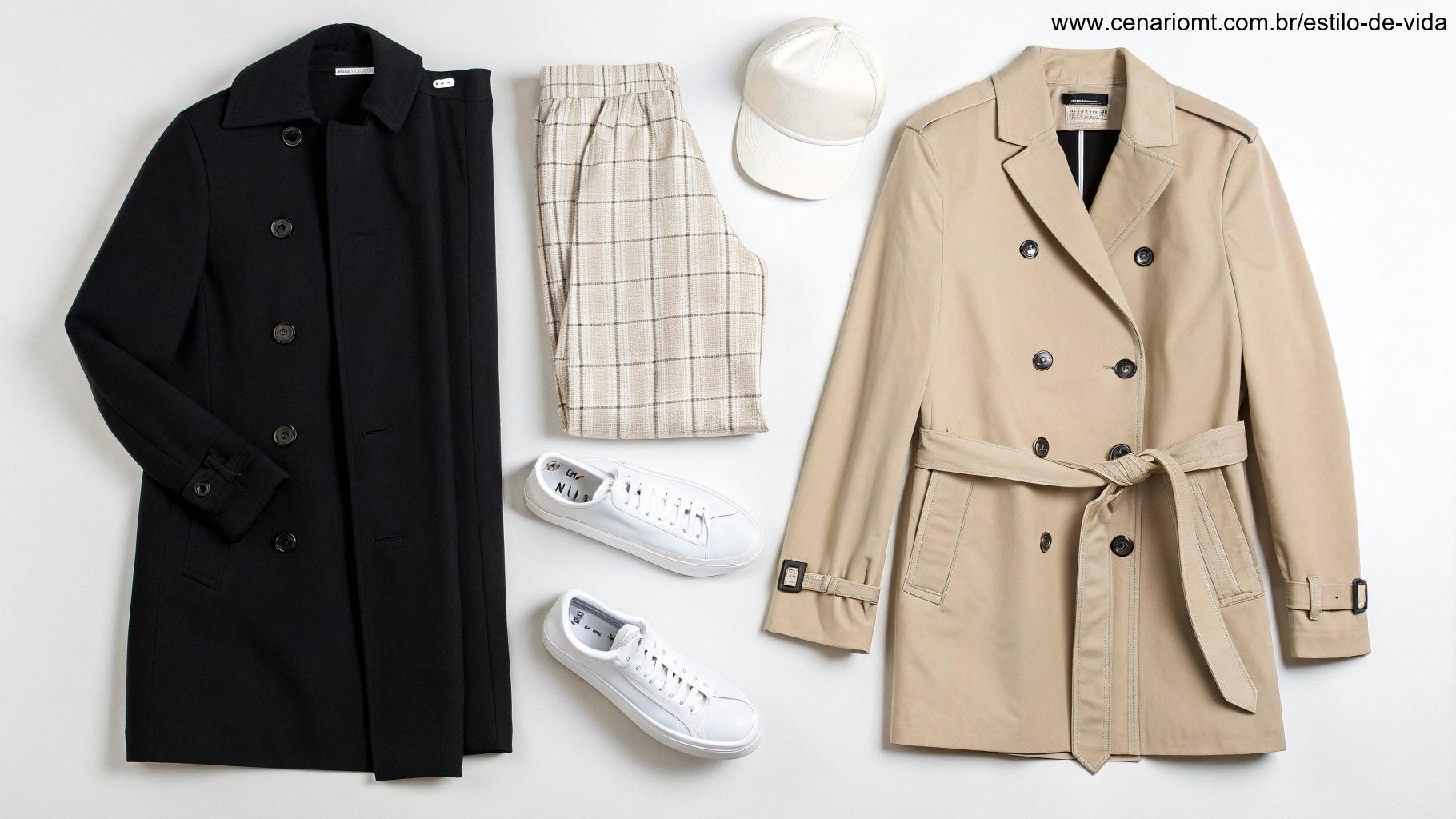 Imagem de um guarda-roupa cápsula com peças clássicas como blazer preto e trench coat bege.