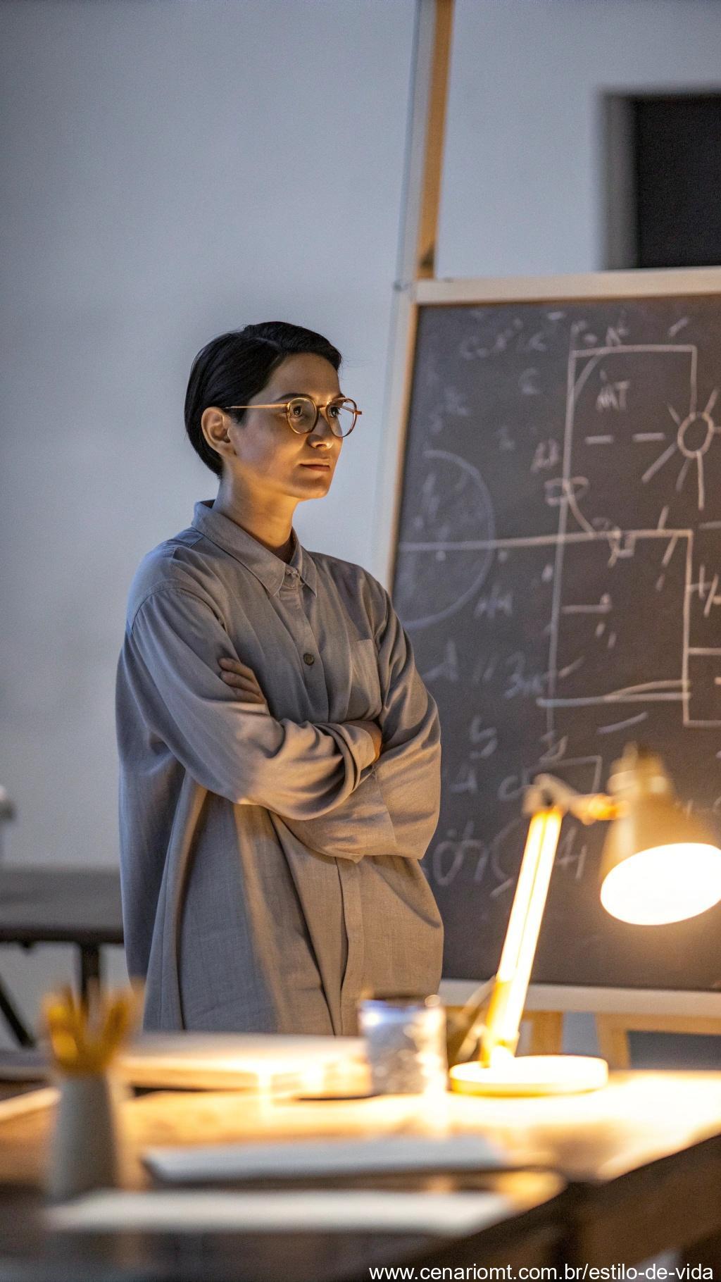 Pessoa pensativa diante de um quadro repleto de equações matemáticas.