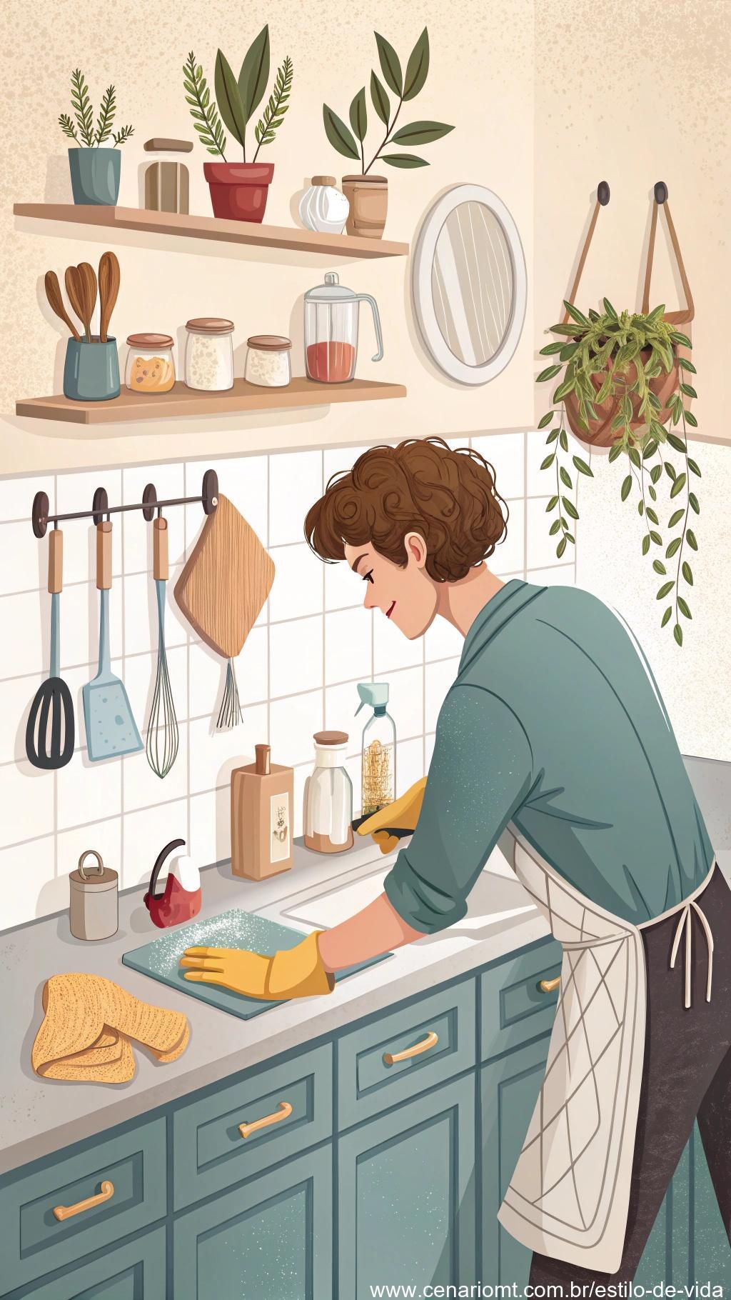 pessoa limpando a cozinha, limpando bancadas e organizando utensílios e ingredientes